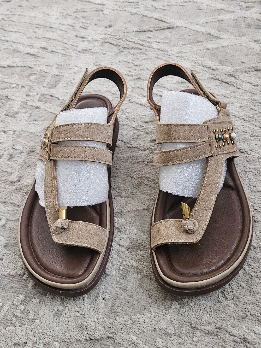 Suede Taupe Women’s Toe-Ring Sandals with Beaded Accent